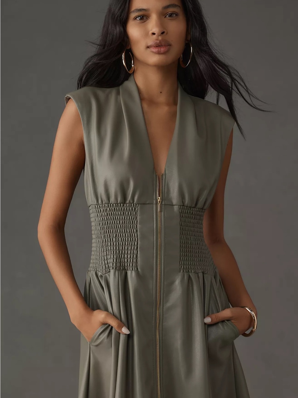 The Tommie Cap-Sleeve Smocked Front-Zip Shirt Dress by Anthropologie - Picture 3 of 7